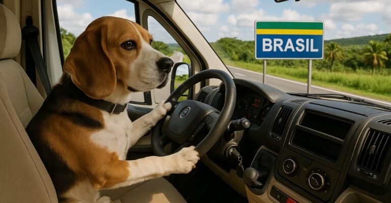 Imagem realista e divertida de um cachorro da raça Beagle dirigindo um motorhome pelas estradas do Brasil.